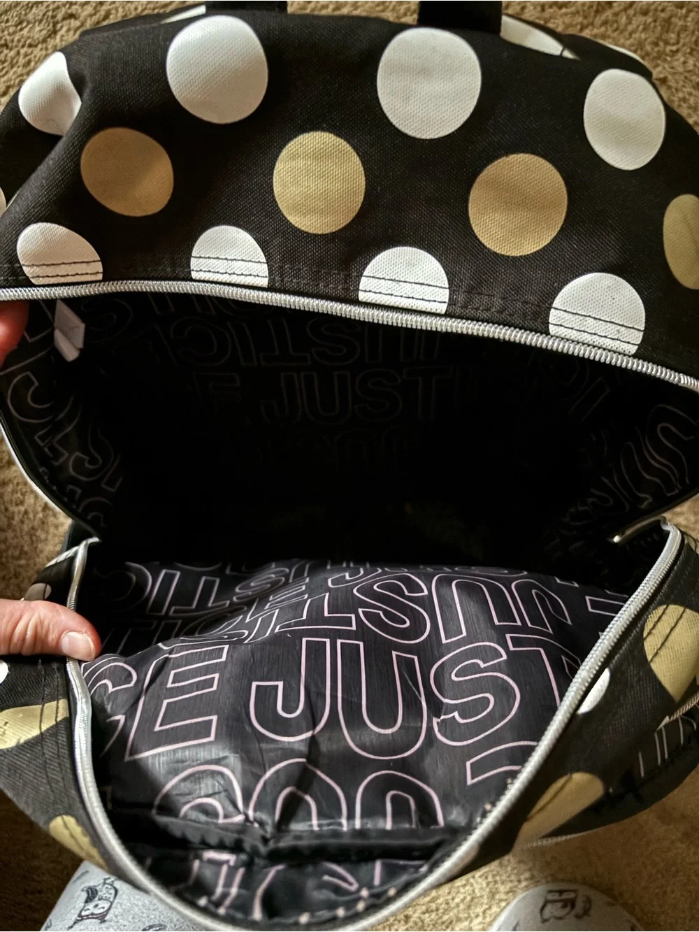 Justice Black & Gold Polka Dot Backpack - 'G' Monogram
